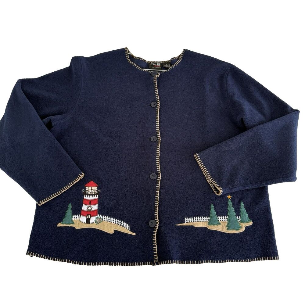 Vtg C & B Sport Women's Blue Lighthouse Button Fleece Xmas Cardigan Granny Sz L.